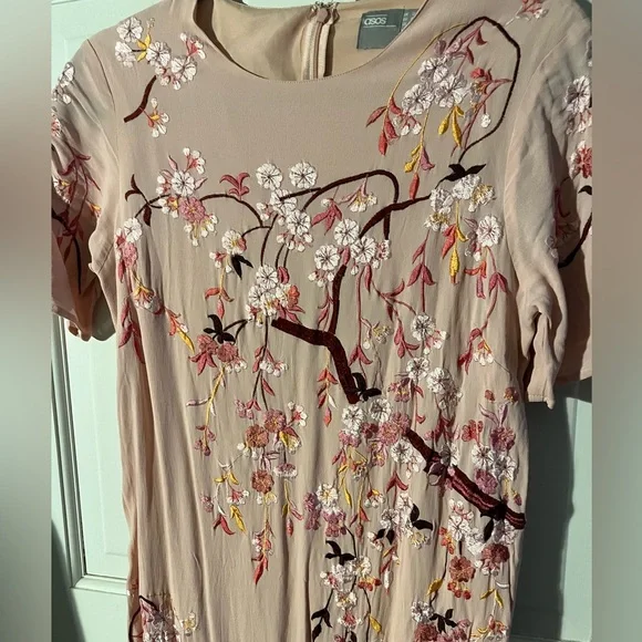 ASOS Pink Embroidered Cherry Blossom Maxi Dress W/Short Sleeves Women’s Size 8 - Picture 6 of 10